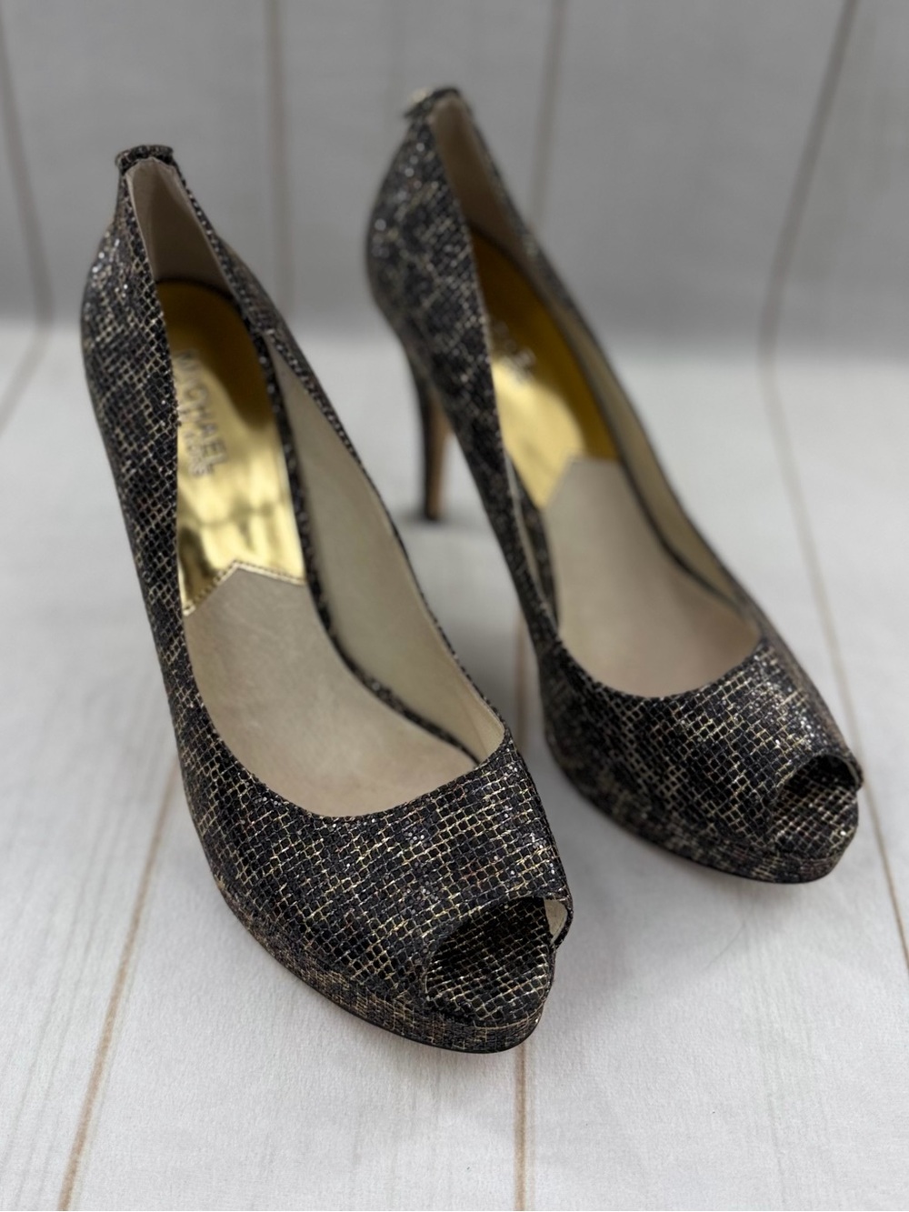 Michael Kors Metallic Black and Gold Peep-Toe Stilettos